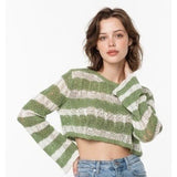 Zaful Women's Small Cropped Green White Loose Knit Long sleeve Vis/Nylon NWOT