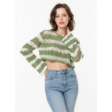 Zaful Women's Small Cropped Green White Loose Knit Long sleeve Vis/Nylon NWOT