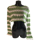 Zaful Women's Small Cropped Green White Loose Knit Long sleeve Vis/Nylon NWOT