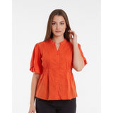 Orvis Women's Button Up V Neck Blouse Size Small Orange Striped Short Sleeve Cotton