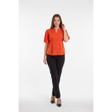 Orvis Women's Button Up V Neck Blouse Size Small Orange Striped Short Sleeve Cotton