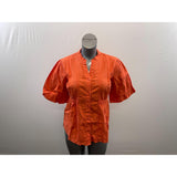 Orvis Women's Button Up V Neck Blouse Size Small Orange Striped Short Sleeve Cotton