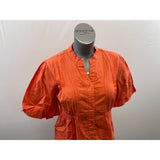 Orvis Women's Button Up V Neck Blouse Size Small Orange Striped Short Sleeve Cotton