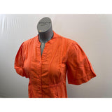 Orvis Women's Button Up V Neck Blouse Size Small Orange Striped Short Sleeve Cotton