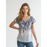 Mexx Women's Medium Green Purple Floral Boho Keyhole Scoop Top