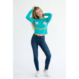 Bluenotes Women's Small Teal Long Sleeve "Be Happy" Graphic Crew Neck T Shirt