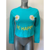 Bluenotes Women's Small Teal Long Sleeve "Be Happy" Graphic Crew Neck T Shirt