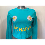 Bluenotes Women's Small Teal Long Sleeve "Be Happy" Graphic Crew Neck T Shirt