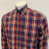 BLUE Men's Button Down Shirt Size Large Red Blue Plaid Long Sleeve Cotton Shirt