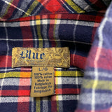 BLUE Men's Button Down Shirt Size Large Red Blue Plaid Long Sleeve Cotton Shirt
