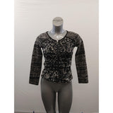 Papillon Blanc Full Zip Blouse Women's Size XS Black Floral Long Sleeve Scoop Neck Cotton Blend