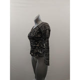 Papillon Blanc Full Zip Blouse Women's Size XS Black Floral Long Sleeve Scoop Neck Cotton Blend