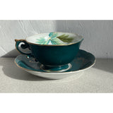 Trimont China Hand Painted Teacup Saucer Set Green floral Made in Occupied Japan