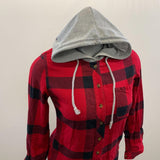 SWS Classic Fit Button Up Hooded Shirt Women's Size Medium Red Black Plaid Cotton