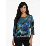 Antoine Women's Size XXL Blue Black Patterned 3/4 Sleeve Scoop Neck Blouse
