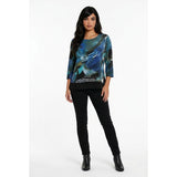 Antoine Women's Size XXL Blue Black Patterned 3/4 Sleeve Scoop Neck Blouse