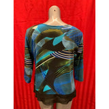 Antoine Women's Size XXL Blue Black Patterned 3/4 Sleeve Scoop Neck Blouse