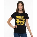 Star Wars Themed Women's Black T-Shirt Yellow Lettering Best Wife in the Galaxy Size Medium Cotton