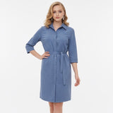 Women's Blue Button Up Shirt Dress Medium 3/4 Sleeve Tie Waist Dress