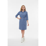 Women's Blue Button Up Shirt Dress Medium 3/4 Sleeve Tie Waist Dress