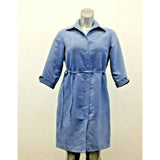 Women's Blue Button Up Shirt Dress Medium 3/4 Sleeve Tie Waist Dress