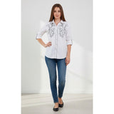 Gerry Weber Women's 8 White Gray Beaded 3/4 Sleeve Button Up Cotton/Nylon Blouse