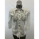Gerry Weber Women's 8 White Gray Beaded 3/4 Sleeve Button Up Cotton/Nylon Blouse