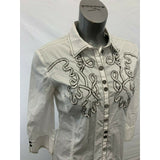 Gerry Weber Women's 8 White Gray Beaded 3/4 Sleeve Button Up Cotton/Nylon Blouse