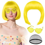 PLULON Yellow Bob Wig with Heart Sunglasses and Hair Net