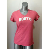 Roots Athletics Women's Medium Pink Embroidered Spell Out V Neck Cotton T Shirt