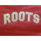 Roots Athletics Women's Medium Pink Embroidered Spell Out V Neck Cotton T Shirt