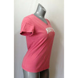 Roots Athletics Women's Medium Pink Embroidered Spell Out V Neck Cotton T Shirt
