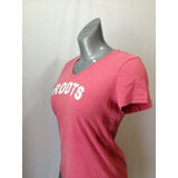Roots Athletics Women's Medium Pink Embroidered Spell Out V Neck Cotton T Shirt