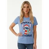 Disney Women's Sky Blue Stitch-mas Themed T-Shirt Size Medium Cotton