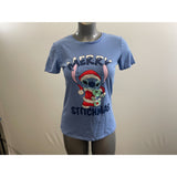 Disney Women's Sky Blue Stitch-mas Themed T-Shirt Size Medium Cotton