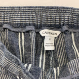 Calvin Klein Linen/Viscose Cropped Pants Women's Size 12 Blue White Striped Belted Waist Capri