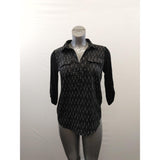 Kensie Collar V Neck Blouse Women's Size Medium Black 3/4 Sleeve Polyester
