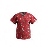 Health Pro Women's Small Red Christmas Theme Snowmen Reindeer Medical Scrub Top