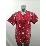 Health Pro Women's Small Red Christmas Theme Snowmen Reindeer Medical Scrub Top