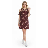 Bluenotes Women's Cold Shoulder A Line Dress Size XS Burgundy Floral V Neck Polyester