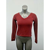 Check & Stripe Womens Size XS Burgundy Long Sleeve V Neck High Low Cropped Top