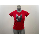 LAT Women's Red Short Sleeve T-Shirt with English Bulldog with Glasses and Bowtie Graphic on Front Size S Cotton