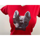 LAT Women's Red Short Sleeve T-Shirt with English Bulldog with Glasses and Bowtie Graphic on Front Size S Cotton