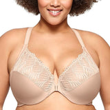 Glamorise 1246 Full Figure Front Close Lace T-Back Wonderwire Bra 48F Cafe NWT