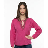 Michael Kors Beaded V Neck Blouse Women's Size XS Pink Long Sleeve Cotton Top