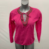 Michael Kors Beaded V Neck Blouse Women's Size XS Pink Long Sleeve Cotton Top