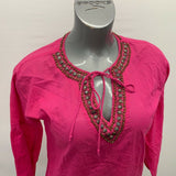 Michael Kors Beaded V Neck Blouse Women's Size XS Pink Long Sleeve Cotton Top