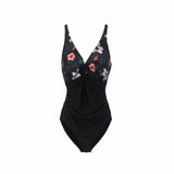 Tropical Design Women's XL One-Piece Bathing Swim Suit Black Floral Polyester