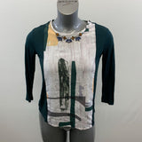 Zara W&B Women's Green Gemmed White Graphic Design Pattern on Front Long 3/4 Sleeve Size US Small