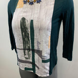 Zara W&B Women's Green Gemmed White Graphic Design Pattern on Front Long 3/4 Sleeve Size US Small